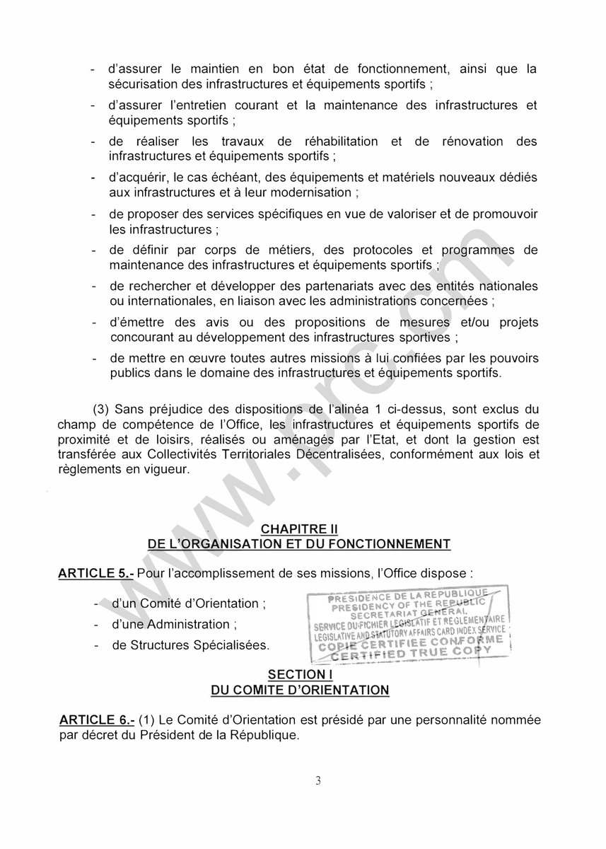 PR_Paul_BIYA's tweet photo. Décret portant création, organisation et fonctionnement de l'Office National des Infrastructures et Equipements Sportifs.
#PaulBiya
#Cameroun 
1/5 https://t.co/TputK1niUW