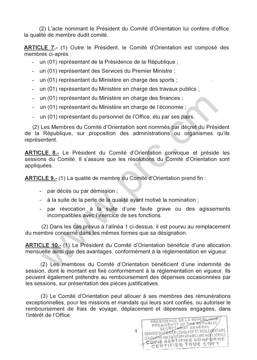 PR_Paul_BIYA's tweet photo. Décret portant création, organisation et fonctionnement de l'Office National des Infrastructures et Equipements Sportifs.
#PaulBiya
#Cameroun 
1/5 https://t.co/TputK1niUW