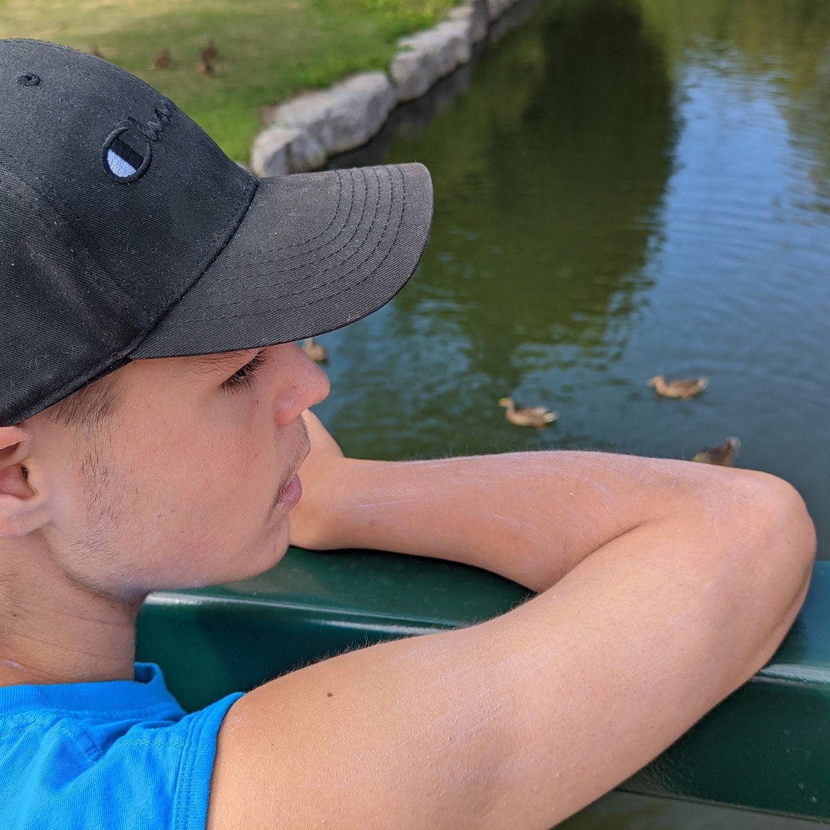 PCL_KW's tweet photo. Nolan at Victoria Park watching the ducks and fish. https://t.co/P5zOGxhABm