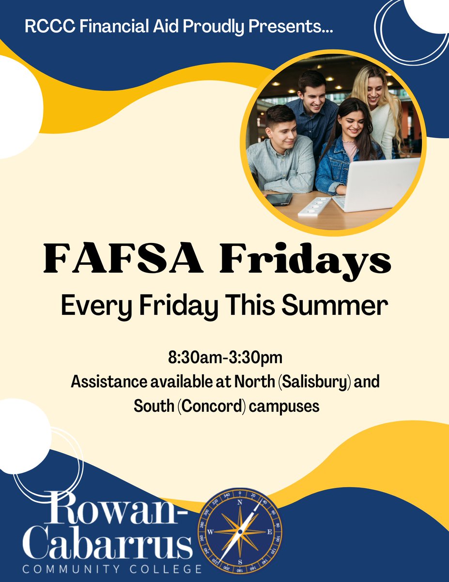 RCCCedu's tweet photo. FAFSA Fridays end this week, so stop by if you need help completing your FAFSA or have questions for our awesome financial aid team. Assistance is available at North or South Campus between 8:30 a.m. and 3:30 p.m. through this Friday. #NavigateForward https://t.co/9alsDitckj