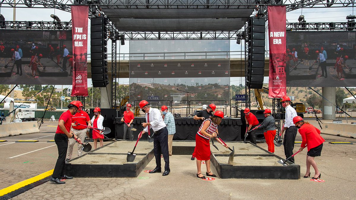 SDSU_MV's tweet photo. Today marks two years since breaking ground on #SDSUMV! 🎉  We're looking forward to opening @SnapdragonStdm in just a few short weeks and continuing our progress on the site development. 

Check out throwback photos from the groundbreaking event. ⬇️ https://t.co/NqvpbHOVSz