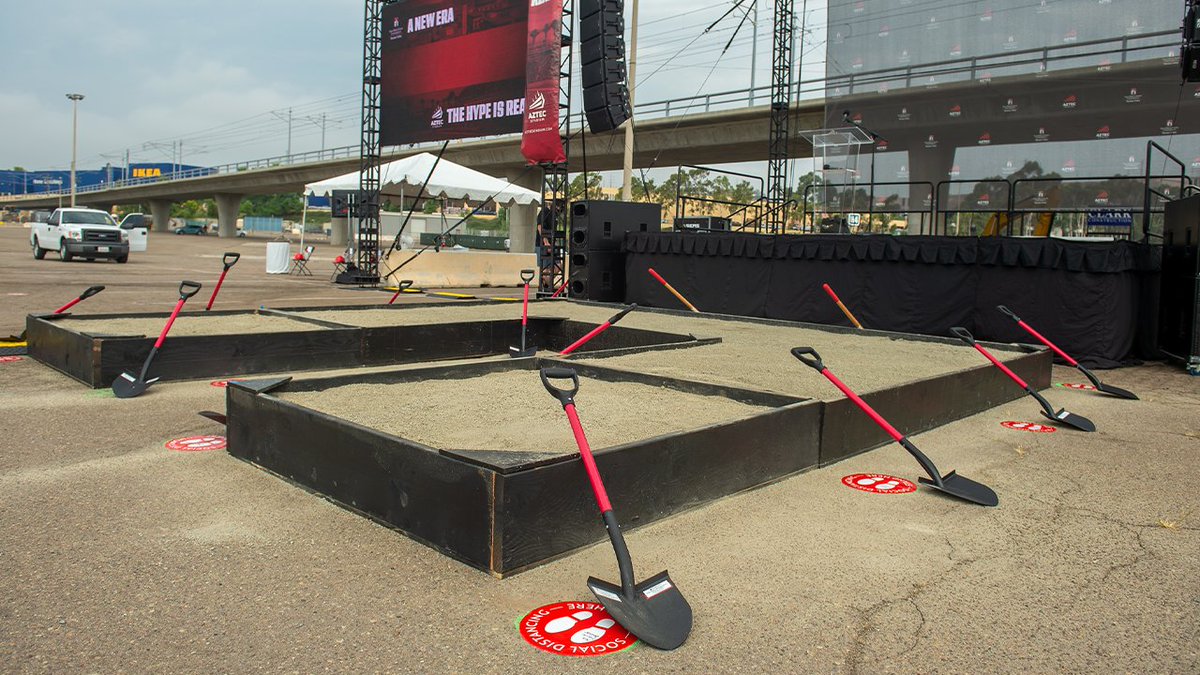 SDSU_MV's tweet photo. Today marks two years since breaking ground on #SDSUMV! 🎉  We're looking forward to opening @SnapdragonStdm in just a few short weeks and continuing our progress on the site development. 

Check out throwback photos from the groundbreaking event. ⬇️ https://t.co/NqvpbHOVSz