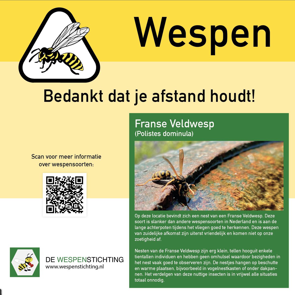 Franse veldwespen zijn leuke en hele vriendelijke wespen, maar dan moet je het wel weten natuurlijk. Daarom is voorlichting zo belangrijk! En als ze in een trapleuning zitten, komen ze natuurlijk wel dichtbij… 

Dus: bordje erbij!
(bedankt beheerders voor de medewerking 👍🏻)