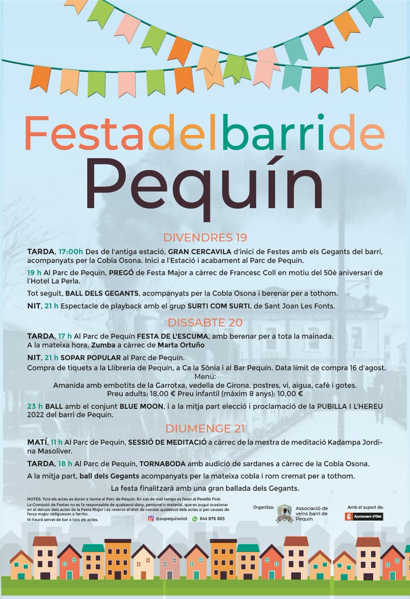 Olotuit's tweet photo. 🎊🙋🏼♀️🎊 Aquest cap de setmana, el barri de #Pequin està de festa. Cercavila, festa de l'escuma, ball, sopar popular i moltes activitats més.
🗓️ 19, 20 i 21 agost
👇🏼 Aquí podeu consultar-ho!
#femOlot #femciutat #Olot https://t.co/Rb1Dyq0r59