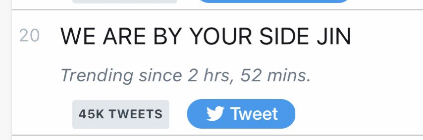 seokjinism1's tweet photo. Still trending in USA with Seokjin's name, worldwide at 20 and top 15 in 3 countries 

WE ARE BY YOUR SIDE JIN
BTS IS 7

Listen to #Yours_Jin and song #SuperTuna_Jin by #BTSJIN #JIN from @bts_bighit @BIGHIT_MUSIC https://t.co/KXo2eBKZg9