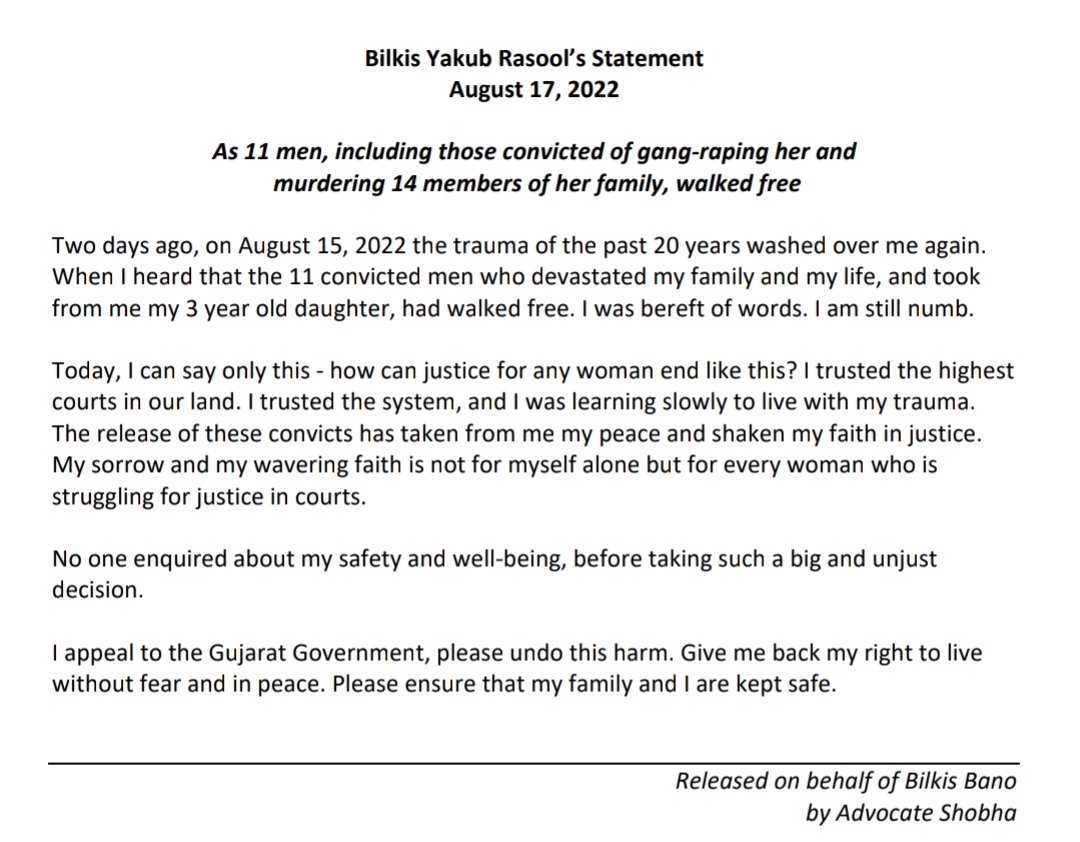 DeshmaneAkshay's tweet photo. "The release of these convicts has taken from me my peace and shaken my faith in justice. My sorrow and my wavering faith is not for myself alone but for every woman who is struggling for justice in courts."

Poignant statement.

#JusticeForBilkisBano #NewIndia https://t.co/JBGvYM20fN