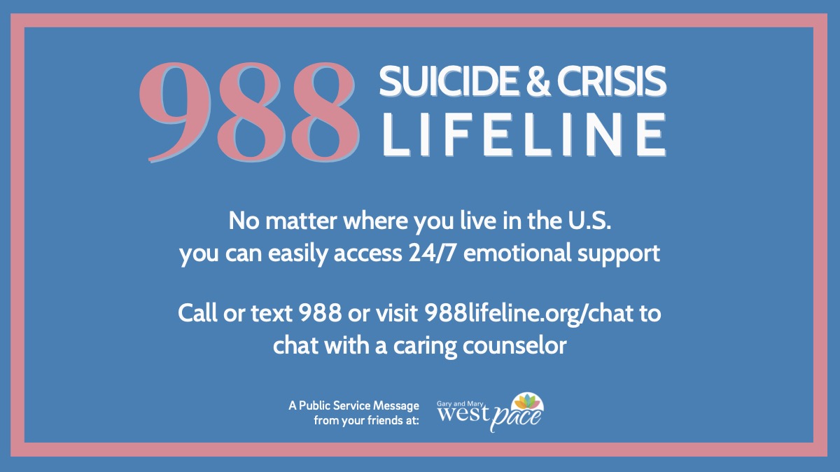 GaryandMaryWes1's tweet photo. Anyone in the U.S. can now dial 988 to reach the new national suicide prevention, mental health, and substance use lifeline. Call or text 988 for a trained counselor who can provide support. #988lifeline #sharetosavealife
@WestHealth, @CalPACE_org, @TweetNPA https://t.co/bk3DvsY3TH