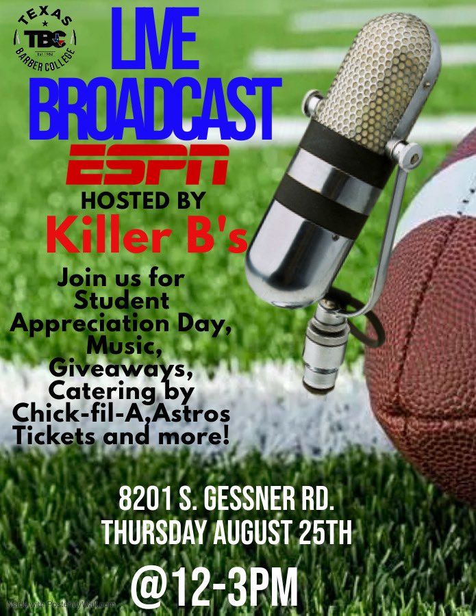 Join us for a live ESPN broadcast at our 8201 S. Gessner Rd. Campus on Thursday August 25th from 12-3pm. We will have music, Chick-Fil-a, Astros tickets, giveaways and more. Don’t miss out on some great sports talk and food. Hope to see you there!