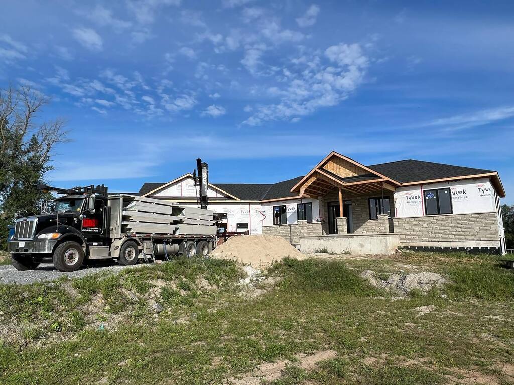 cedarstone's tweet photo. Stone complete. Drywall loading in Burritts Rapids. https://t.co/W8ERdQPzYI