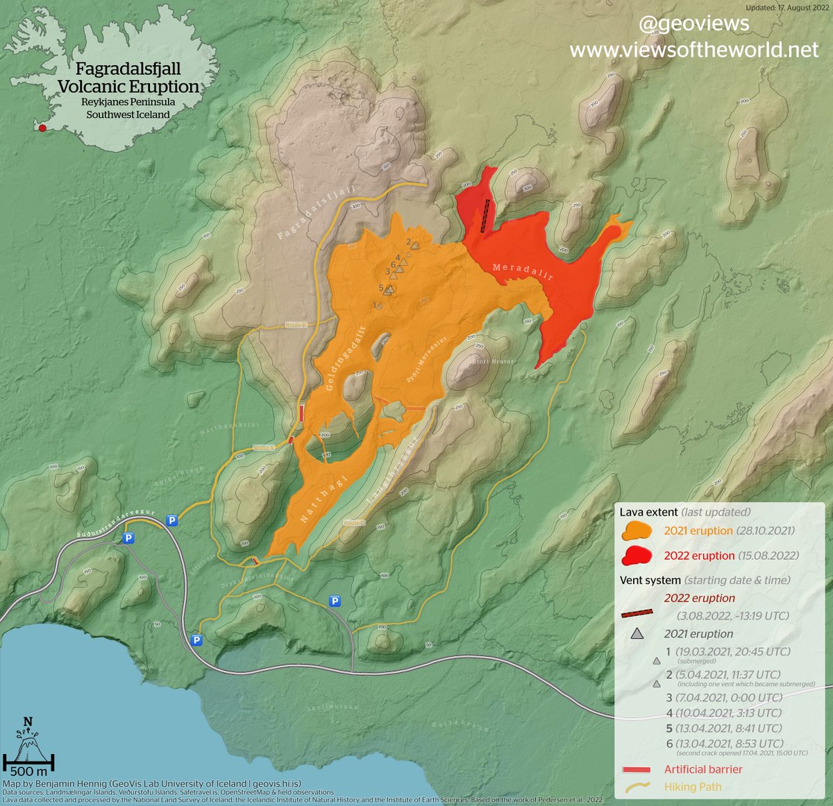 Lava Map Update from Iceland: Lava flows have worked their way through #Meradalir east heading to the exit from the valley as this update from 15 August 2022 shows. High-resolution version &amp; more info at wrld.at/lavaflows #volcano #iceland #icelanderuption #icelandvolcano