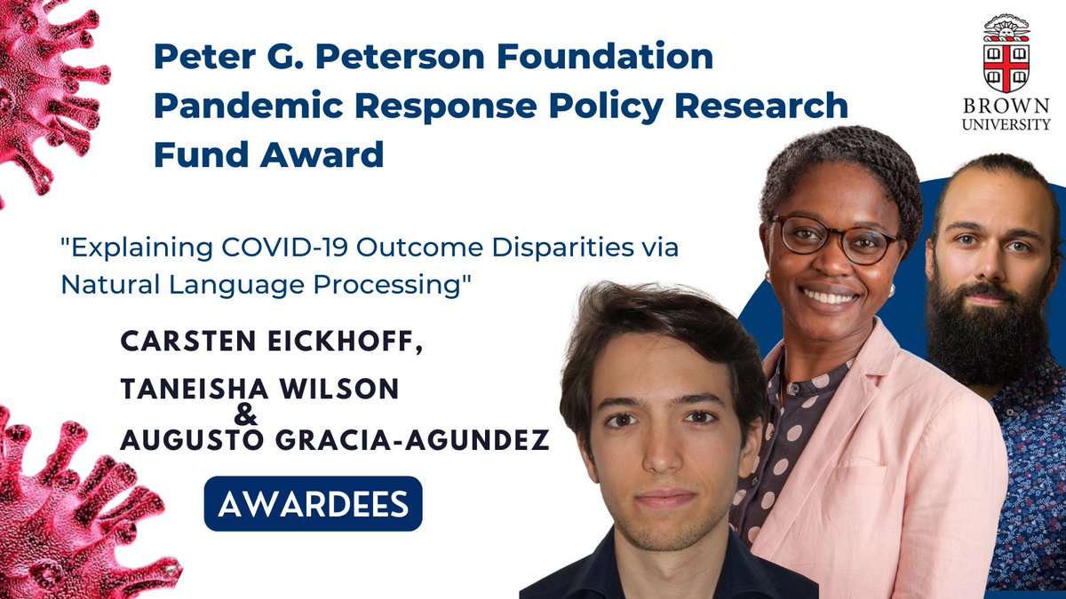 Brown Research (@brownuresearch) on Twitter photo <a href="/CarstenEickhoff/">Carsten Eickhoff</a>, <a href="/twilsonferrone/">Taneisha Wilson Ferrone, MD</a> & Augusto Garcia-Agundez <a href="/BrownUniversity/">Brown University</a> received the <a href="/pgpfoundation/">Peterson Foundation</a>'s Pandemic Response Policy Research Fund Award to identify medical causes for higher #COVID-19 hospitalizations & deaths in underserved communities.
➡️ bit.ly/3Abkzlf <a href="/CarstenEickhoff/">Carsten Eickhoff</a>, <a href="/twilsonferrone/">Taneisha Wilson Ferrone, MD</a> & Augusto Garcia-Agundez <a href="/BrownUniversity/">Brown University</a> received the <a href="/pgpfoundation/">Peterson Foundation</a>'s Pandemic Response Policy Research Fund Award to identify medical causes for higher #COVID-19 hospitalizations & deaths in underserved communities.
➡️ bit.ly/3Abkzlf