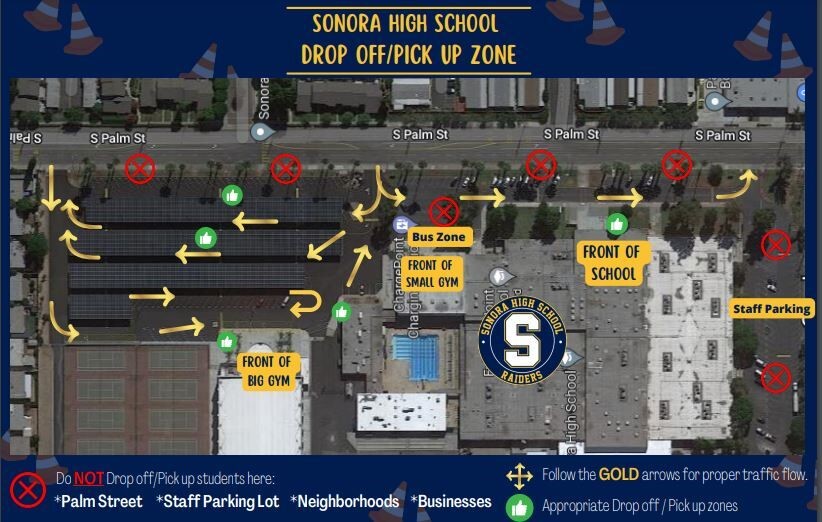 Re-posting on behalf of Sonora High - please see the map/diagram of their requested student drop-off &amp; pick-up areas.  

Please also abide by the traffic control &amp; parking signs along Palm.  Please do not use the private property lots in the area for student drop-off &amp; pick-up.