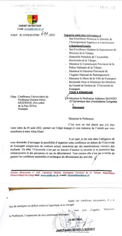 MikeSte05195855's tweet photo. Je salue la décision rectorale interdisant la tenue de la conférence suspecte du Dr @DenisMukwege dans l'amphithéâtre de l'Université de Kisangani. #UNIKIS n'est pas un arène où s'offre des spectacles politiques sous couvert scientifique. Autre temps, autres mœurs. https://t.co/z8uNDBH7aK