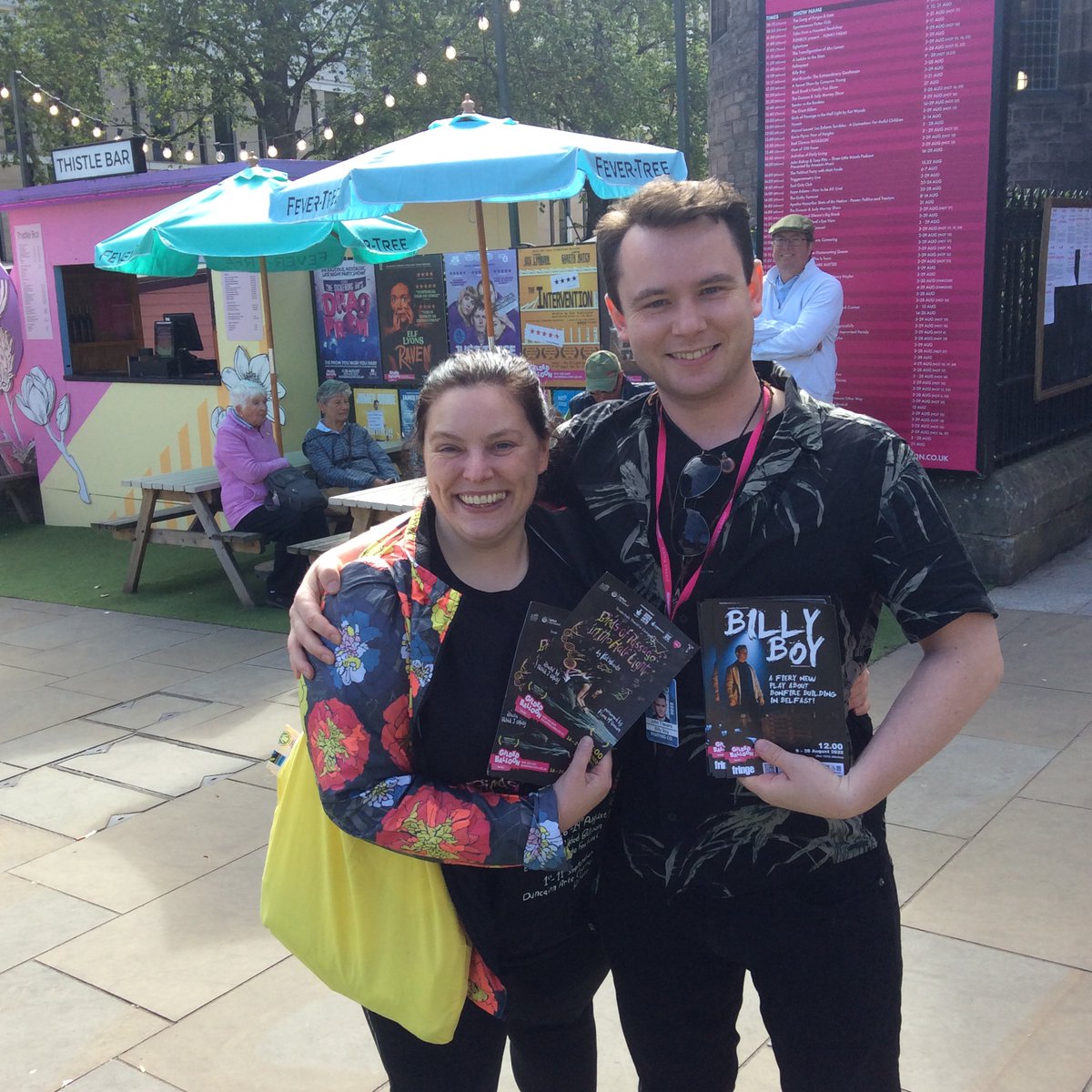 rosemaryj77's tweet photo. Terrific day in sunny Edinburgh with @JohnTravers636 A KA Billy Boy and @Kat1Woods @Gildedballoon @edinburghfringe @EastSideArtsBel @ArtsCouncilNI @mattfaris https://t.co/FW4hqzoGoz