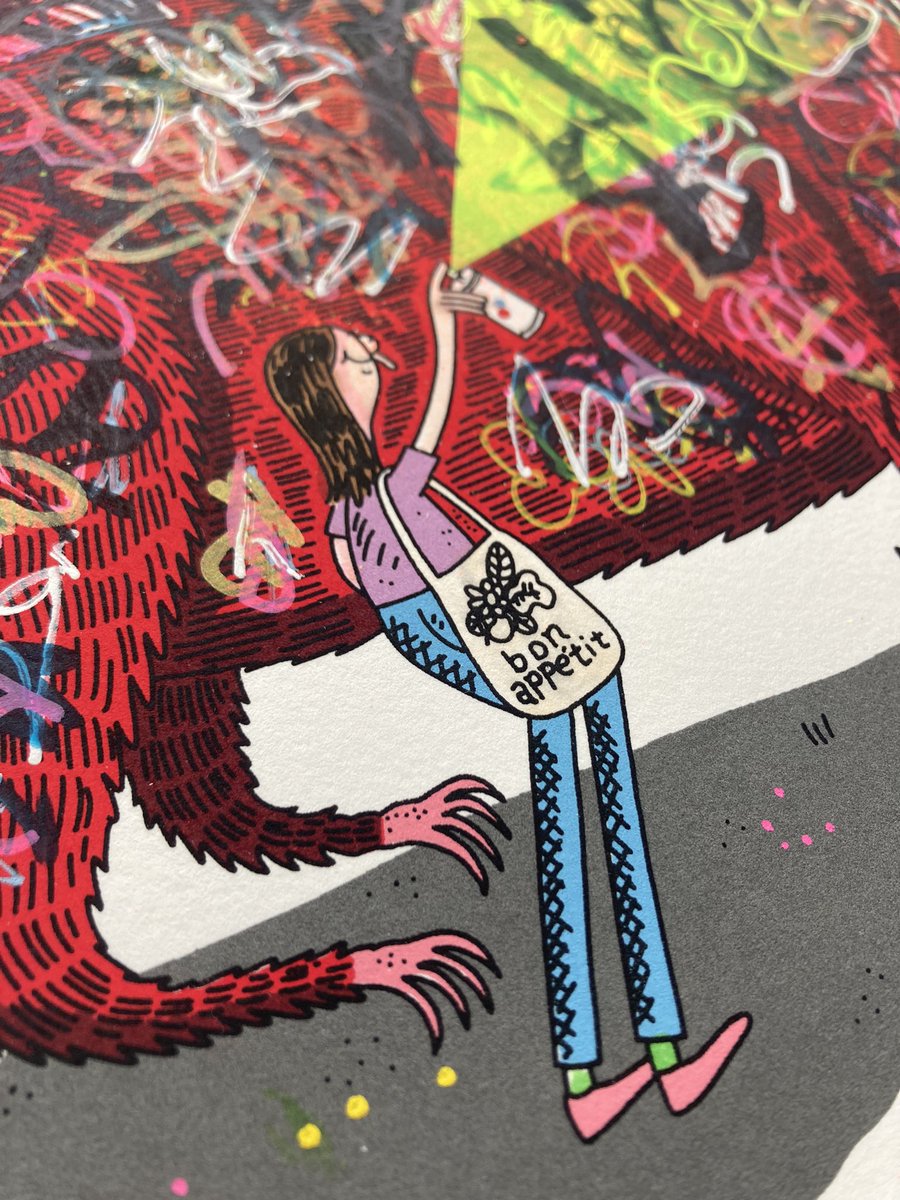 Our brand new print with artist Jay Howell (of <a href="/BobsBurgersFOX/">Bob's Burgers</a> fame) is available now at burlesquedesign.com 💥 He hand-painted custom doodles on every single print, so each one is completely unique. Meet BIG RED GRAFFITI DOG!