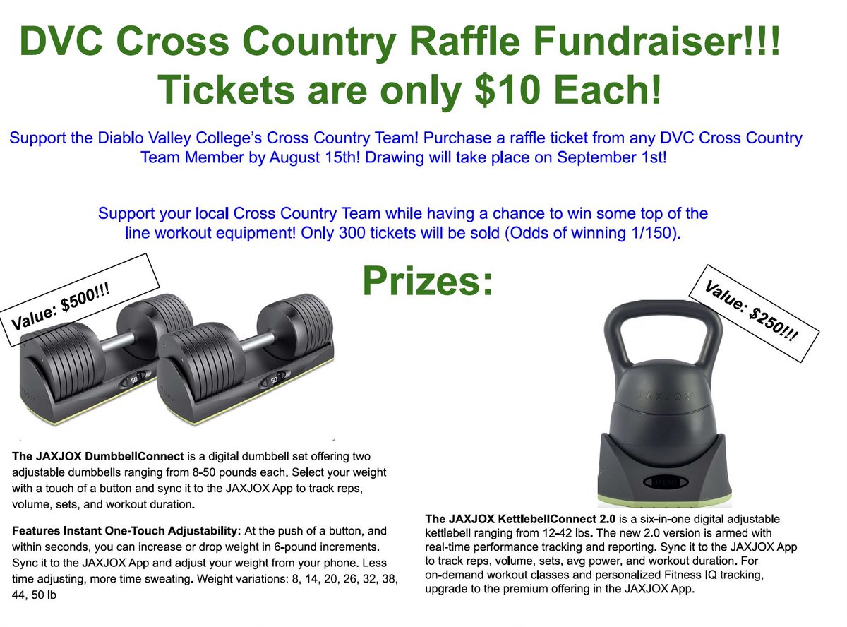 DVCcrosscountry's tweet photo. Support DVC XC Fundraiser!

Raffle tix are $10 each and will be sold until 8/30. 

Drawing is 9/1. 

Contact Coach Pierson 
Spierson@dvc.edu to purchase raffle tickets. https://t.co/J1cL9wens0