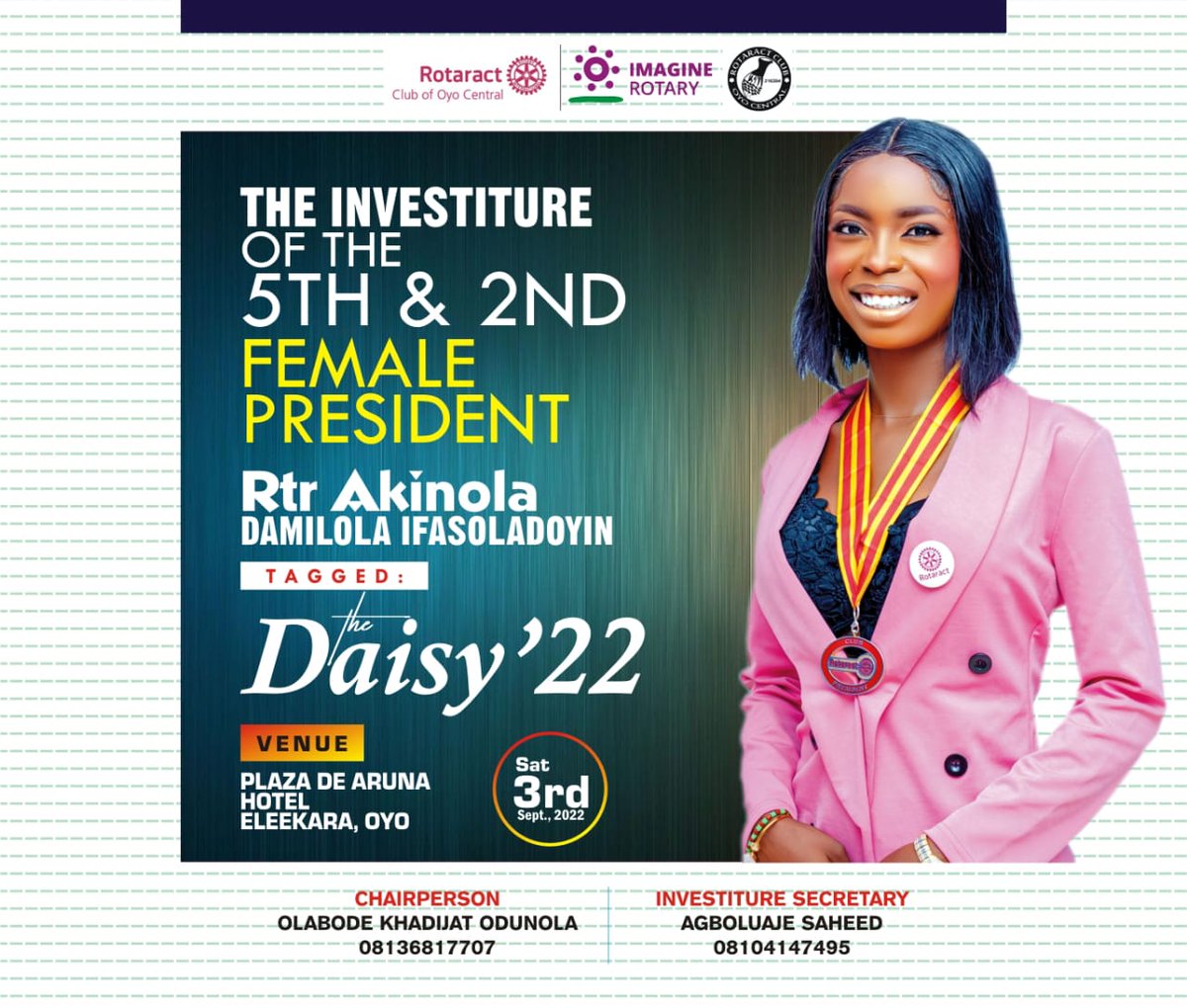 Rac_Oyocentral's tweet photo. 🌻🌻🌻THE DAISY'22🌻🌻🌻

RAC Oyo Central is set to host y'all as we install the 5th president of the club for the 2022-2023 Rotary year, Rtr. Akinola Damilola Ifasoladoyin.

⚡Date: Saturday 3rd, September
⚡Venue: Plaza De' Aruna, Elekara Oyo. https://t.co/HMxzU7vxRN