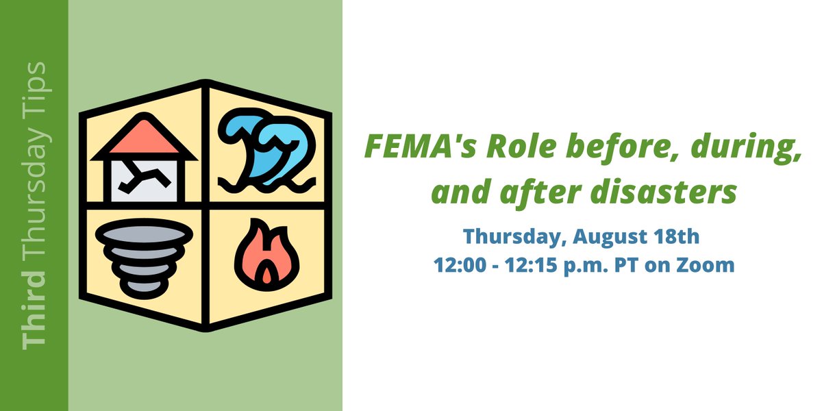 FEMARegion10's tweet photo. Want to hear FEMA experts talk about their role in disasters? Join us tomorrow, Aug. 18, to learn more about FEMA's role before, during, and after disasters.
#ThirdThursdayTips
💻Register: https://t.co/IyuPEymss1 https://t.co/H0JCP6lrN6