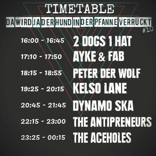 2Dogs1Hat's tweet photo. Da wird ja der Hund in der Pfanne verrückt! #10

Diesen Samstag ist es endlich soweit!

Running Order:

#2d1h #2dogs1hat #festival #openair #konzert #musikfestival #rock #rocknroll #punk #ska #indie #singersongwriter #Samstag #Papenrode #Helmstedt https://t.co/tVKSgtw47p