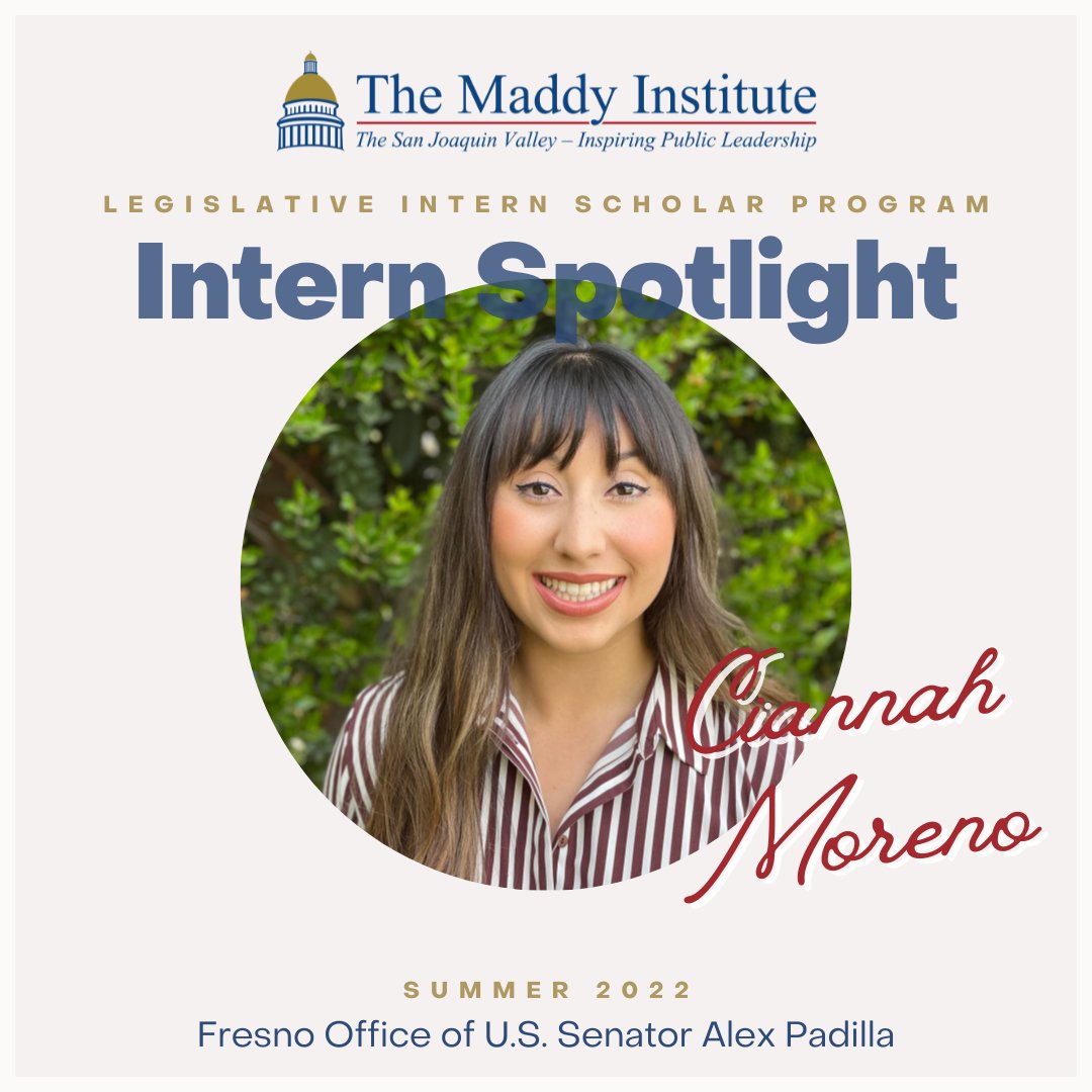 MaddyInstitute's tweet photo. Meet Ciannah Moreno, one of our Maddy Interns working in the Fresno Office of U.S. Senator Alex Padilla
Visit our website to learn more about our Legislative Intern Program and how to apply!
#maddyintern #internspotlight #centralvalley #fresnostate https://t.co/3jutS9ZcHx