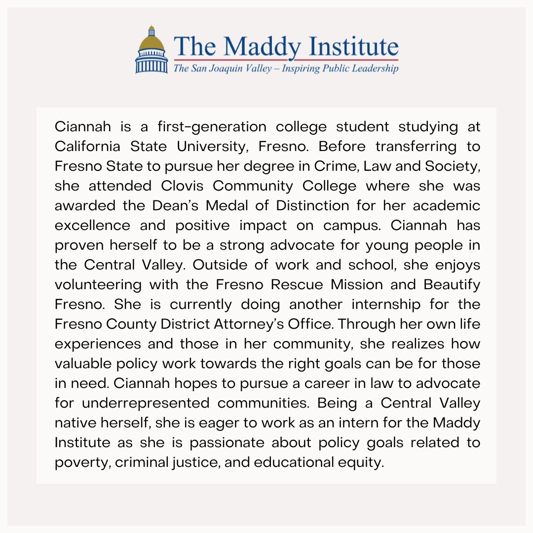 MaddyInstitute's tweet photo. Meet Ciannah Moreno, one of our Maddy Interns working in the Fresno Office of U.S. Senator Alex Padilla
Visit our website to learn more about our Legislative Intern Program and how to apply!
#maddyintern #internspotlight #centralvalley #fresnostate https://t.co/3jutS9ZcHx