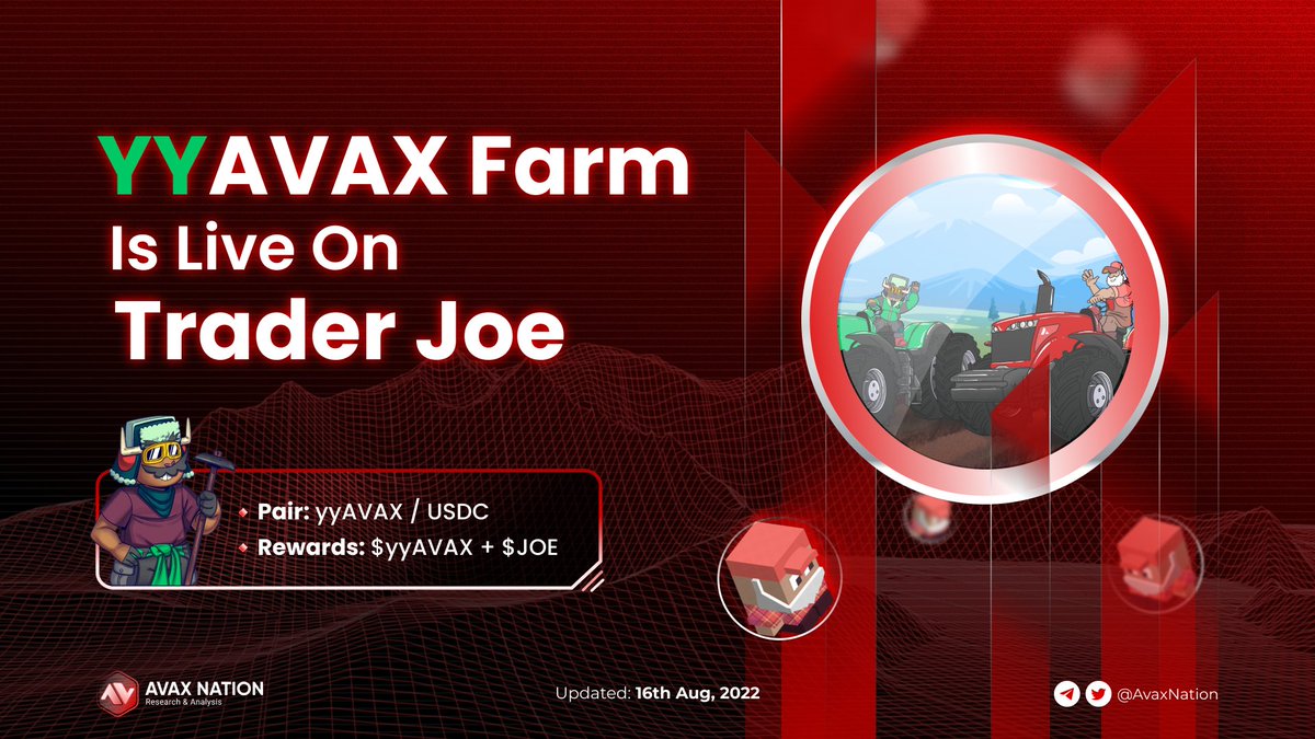 👨‍🌾 yyAVAX farm is official live on Trader Joe!

Now you can add LP &amp; earn both $yyAVAX + $JOE as the rewards 💫

Nowhere is there a perfect couple like <a href="/yieldyak_/">Yield Yak 🐃 🥛</a> x <a href="/traderjoe_xyz/">Let's F***ing Joe (formerly Trader Joe)</a>, right? 😎

#Defi #LiquidStaking #LiquidityPool #Avalanche 🔺