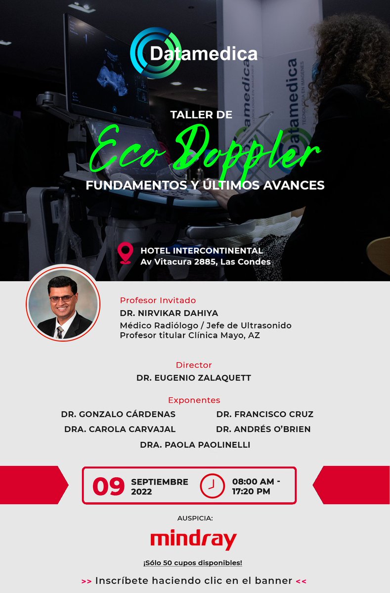 DrZalaquett's tweet photo. Estimados amigos, los invito al Taller de Ecografía Doppler 2022. Un día completo de clases, incluyendo 4 horas completas de acitividades prácticas guiadas por destacados especialistas. ¡No se lo pierdan!
Inscripciones:
https://t.co/rCsAkvSjm3 https://t.co/qHk0r1vPRU