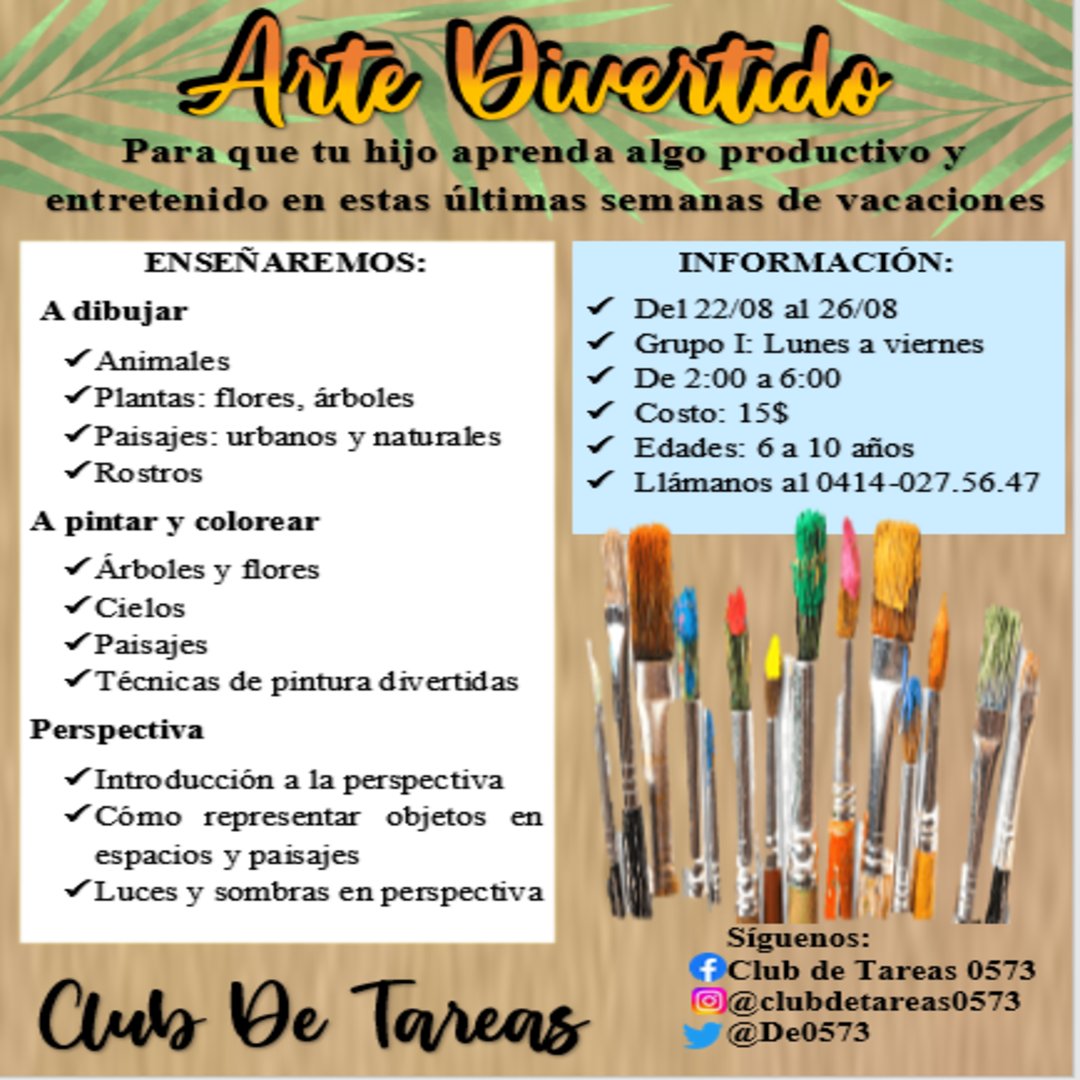 De0573's tweet photo. Que tu hijo aproveche y disfrute el tiempo adquiriendo conocimientos útiles, nuestro taller de Arte Divertido le va a encantar porque va a conocer y aprender del arte de dibujar y pintar, en Club de Tareas lo difícil lo volvemos fácil. https://t.co/edrd5smTv1
