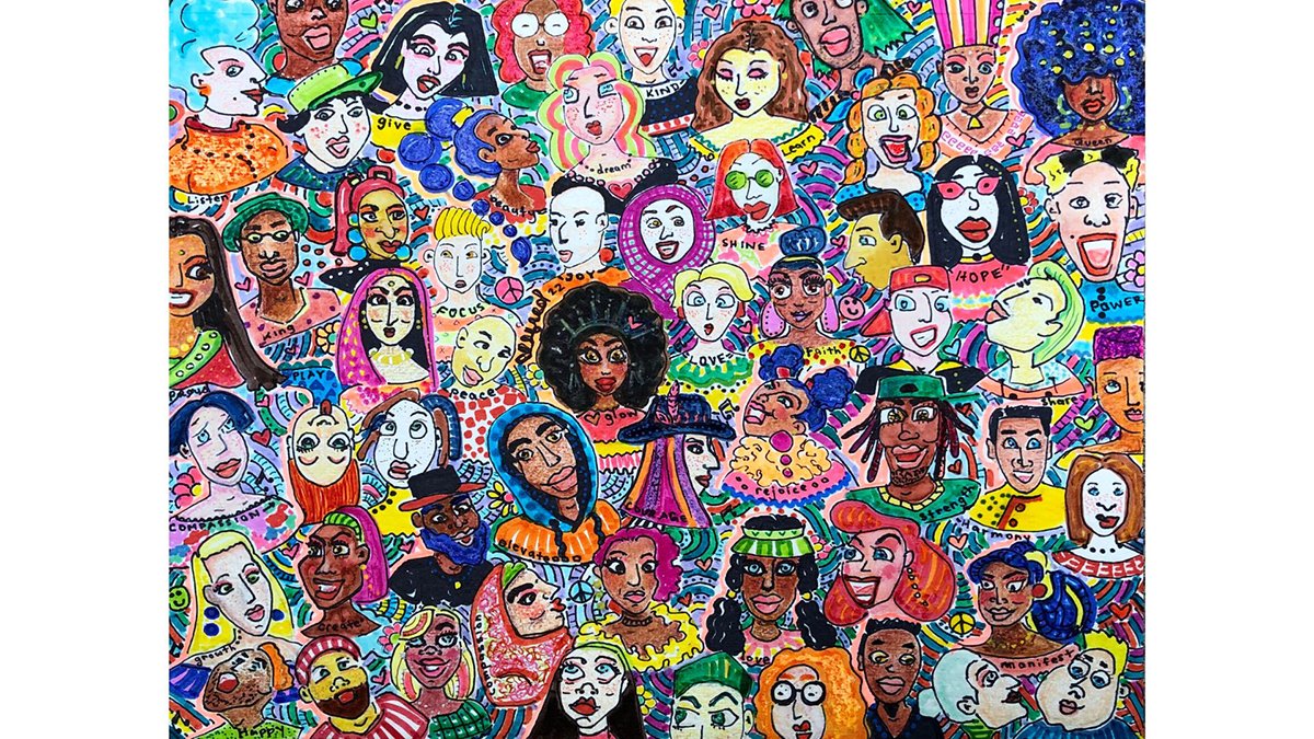 baobrampton's tweet photo. “Get Together” by Annmarie Claudette, is a vibrant and energetic mixed-media work that depicts a diverse community of people in order to celebrate love and positivity. View it daily August 15-28, from 11am-12pm and 5-6pm in @gsqbrampton #PIXELbrampton #BramptonArtist https://t.co/ro5BwYmf4P