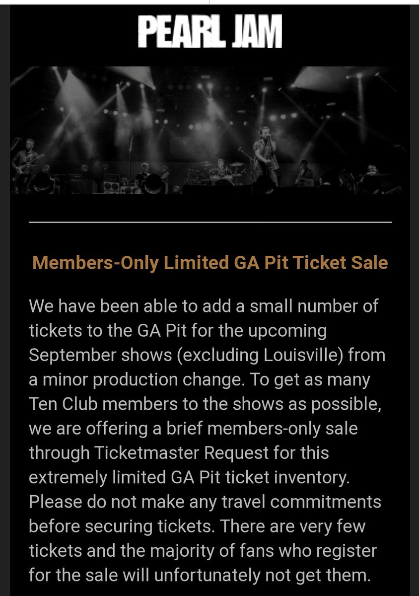 WishlistPJ's tweet photo. @PearlJam is offering a 24 hour window for Ten Club Members to request to buy a VERY limited number of GA Pit tickets for the upcoming September shows (excluding Louisville). 

Check out the details here:

https://t.co/DfvjLA2FAr

#pearljam #tenclub #pearljamtour #pjfans https://t.co/Sr1VKEwRwm