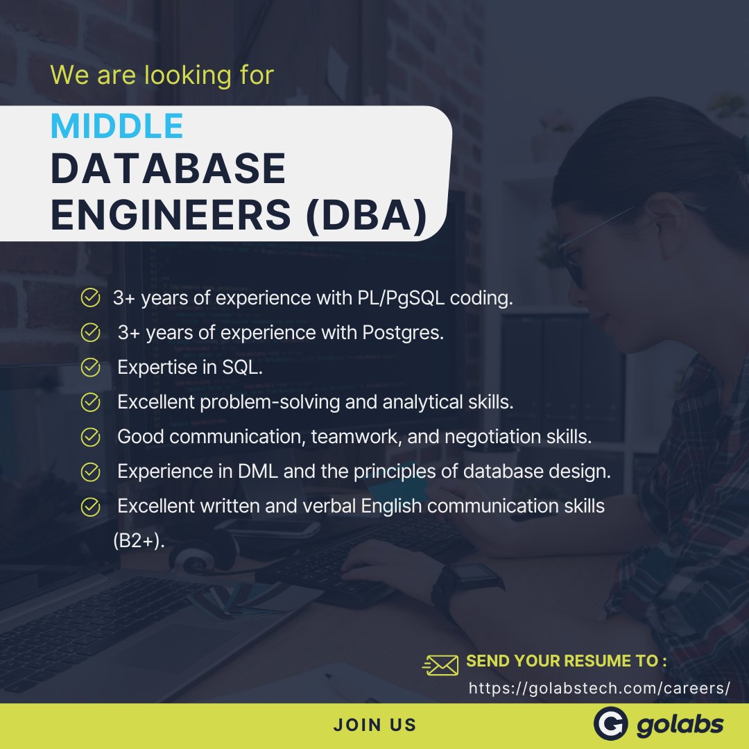 Do you want to work in exciting projects with the best team?!
Golabs is looking for the 🔝 Data Engineers out there! Let's GO!🚀

Send your résumé to: jobs@golabstech.com

#DataEngineer #Golabs #Hiring #JobOpportunity #DataBase #PeopleFirst