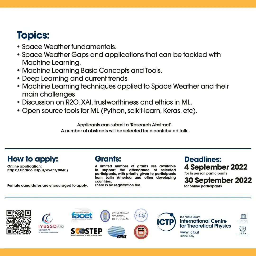 GachiMolina's tweet photo. We are pleased to announce that the application for the "International Workshop on Machine Learning for Space Weather: Fundamentals, Tools and Future Prospects" is now open!
👉 https://t.co/05eAxnJWOs 
https://t.co/sIHm0yZJaf https://t.co/ULmtuPq5vy