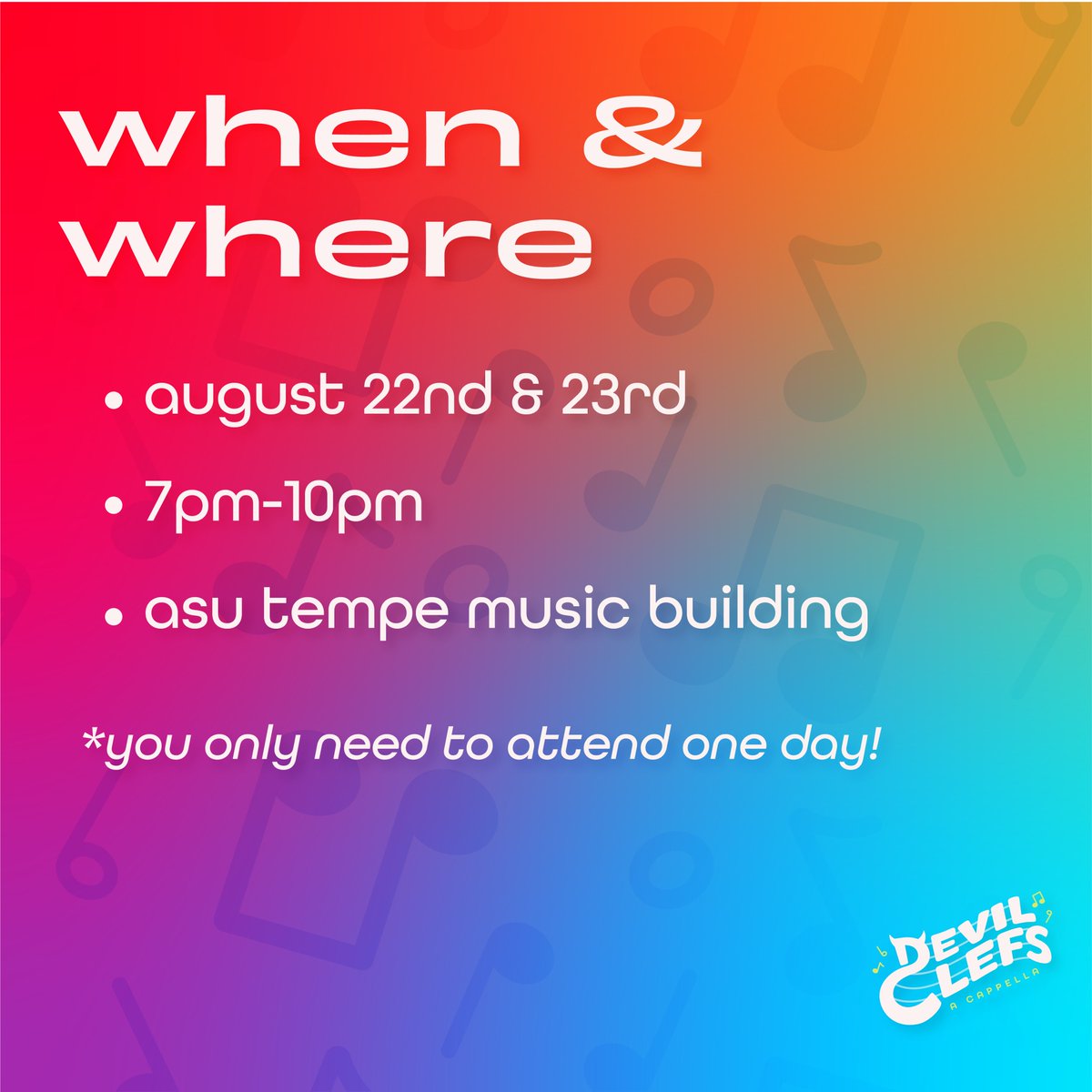 thedevilclefs's tweet photo. CALLING ALL ASU STUDENTS: We want to hear what you’ve got🎤🎶

It’s that time of year again! We are so excited to welcome new members to the Devil Clefs team🧡 DM us with any questions! https://t.co/aGMAPUVPhW