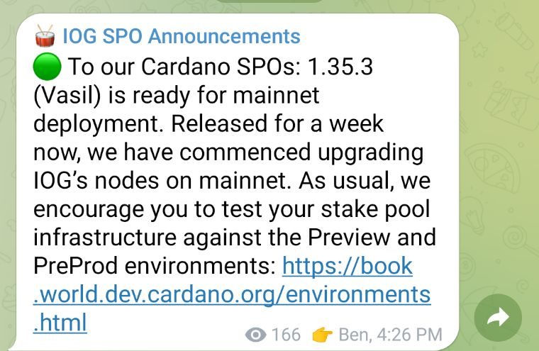 Dr_shwetaPHD's tweet photo. 🔥🔥To our Cardano SPOs: 1.35.3 (Vasil) is ready for mainnet deployment. Released for a week now, we have commenced upgrading IOG’s nodes on the mainnet. 
#Cardano #VasilHFC #ADA #SmartContract @IOHK_Charles @timbharrison @benohanlon @bloc_ki https://t.co/u4eRWJzwU9