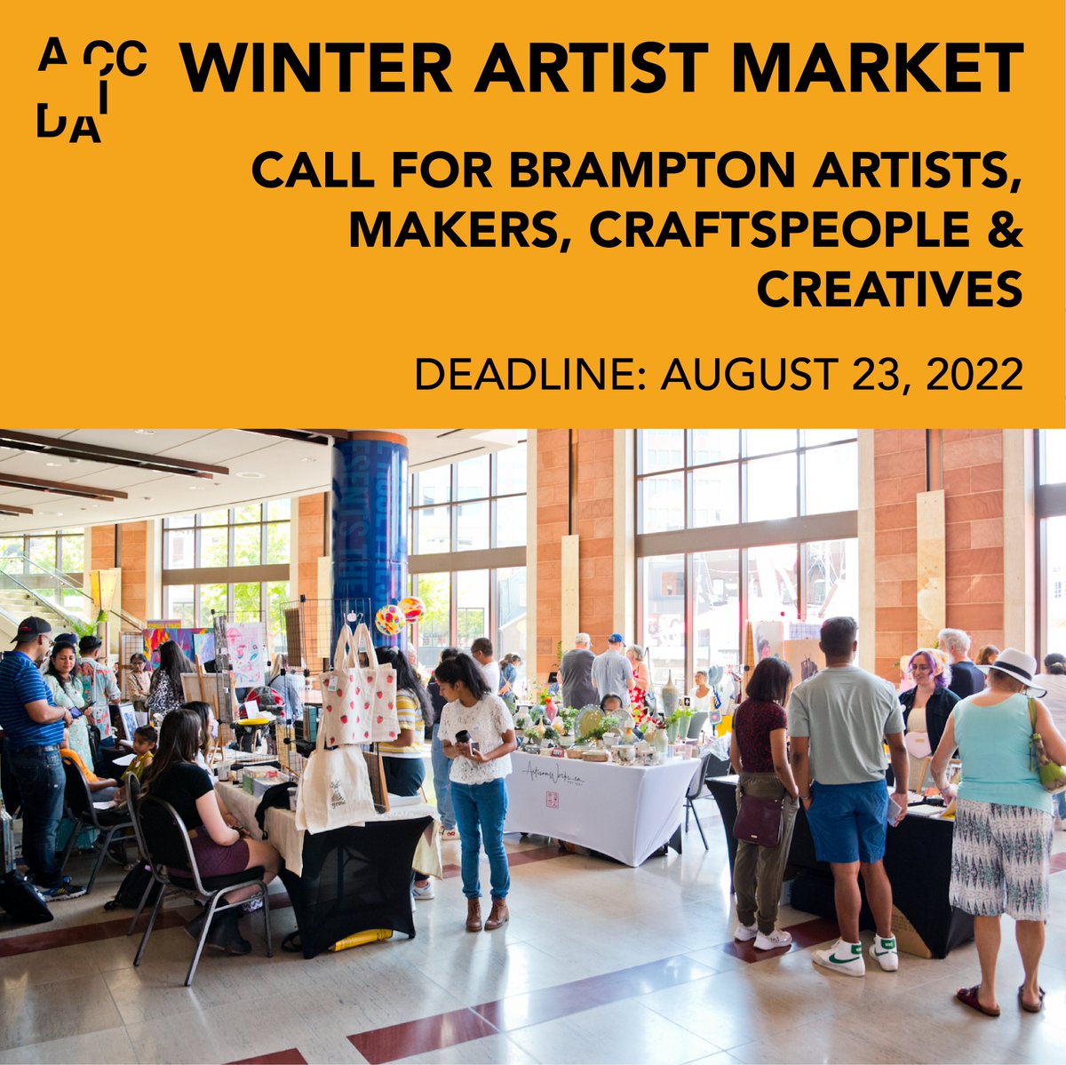 baobrampton's tweet photo. The deadline to apply to vend at our Winter Artist Market is fast approaching! You have until August 23, 2022 to apply. Apply here  https://t.co/LhbSobwQys #Brampton #BramptonArtist https://t.co/qTxgQDasaE