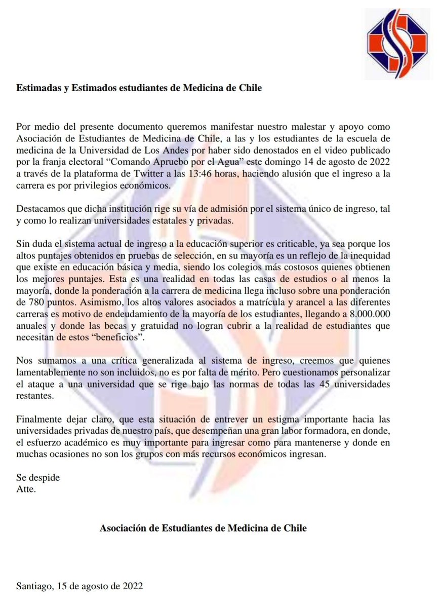ASEMECH_Oficial's tweet photo. Respecto a los dichos sobre nuestros compañeros y compañeras de medicina UAndes en la franja de @aprueboxelagua declaramos lo siguiente: https://t.co/Zs4uV44xHK