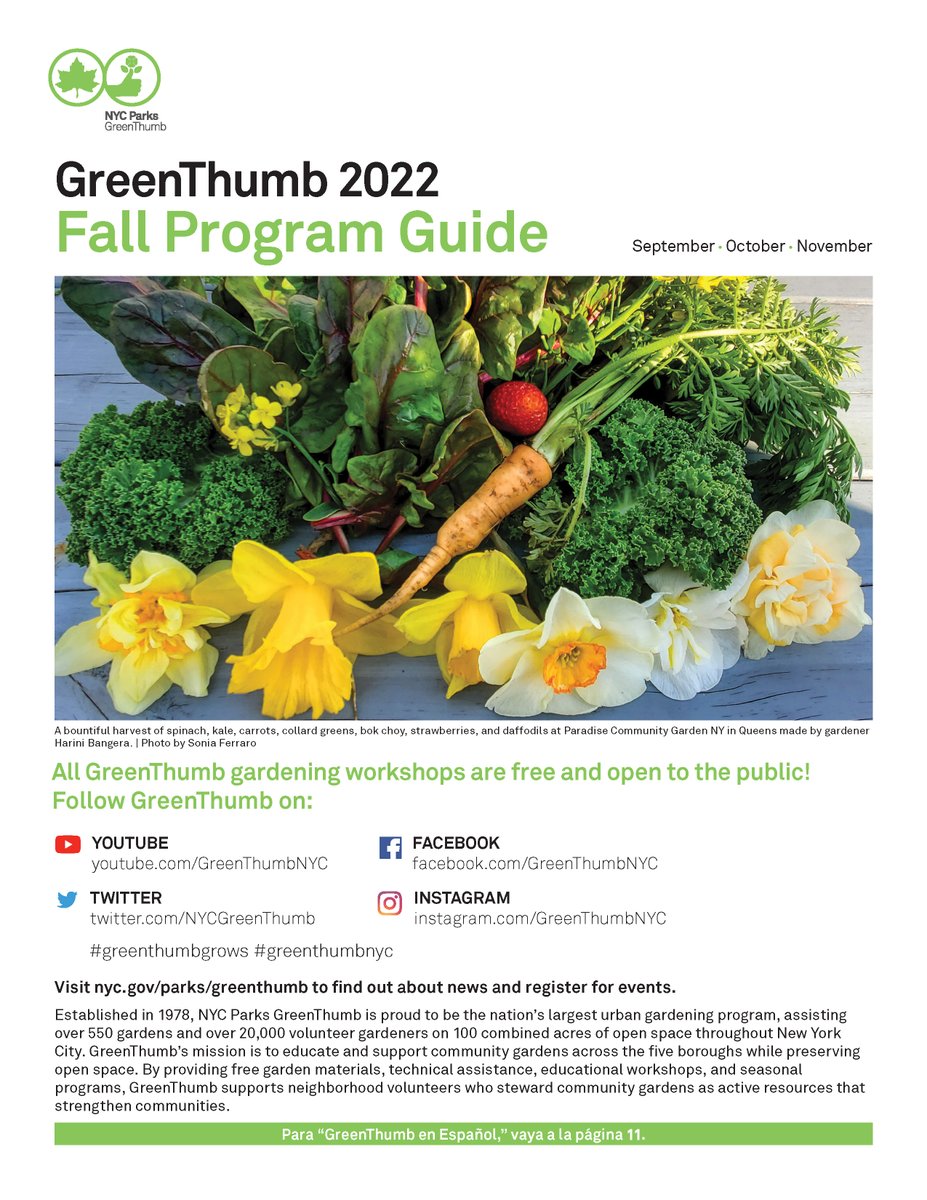 NYCGreenThumb's tweet photo. The @NYCParks GreenThumb Fall Program Guide for September, October, and November is now available on our website (https://t.co/o00BxNnml5)! Find out about our workshops and events this fall.
#greenthumbgrows #communitygardens #gardening #free #NYC https://t.co/XQPKYR24ri