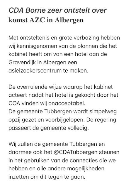CDA Borne zeer ontstelt over komst AZC in Albergen 👇🏻

#AZC #Albergen #Statement 
<a href="/CDATubbergen/">CDA Tubbergen</a> <a href="/CDAOverijssel/">CDA Overijssel</a>