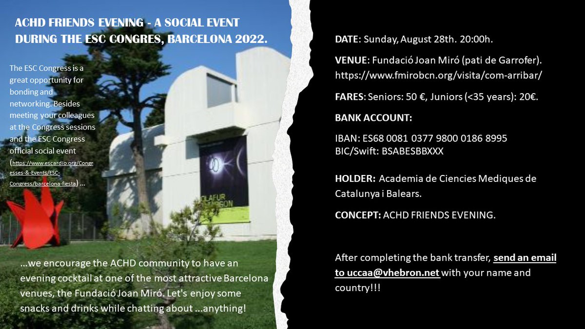 Laura Dos (@laurados8) on Twitter photo 📢📢To all #ACHD enthusiasts attending the Barcelona ESC Congress 2022, do not miss the ACHD Friends Evening!! Sunday, August 28th at the Fundació Joan Miró. See details attached! <a href="/MAGatzoulis/">Michael A. Gatzoulis</a> <a href="/AlexFrogoudaki/">Alexandra Frogoudaki</a> <a href="/Mag_Ladouceur/">Magalie Ladouceur</a> <a href="/OktayTutarel_MD/">Oktay Tutarel, MD FESC</a> @judbacke <a href="/WernerBudts/">werner budts</a> 📢📢To all #ACHD enthusiasts attending the Barcelona ESC Congress 2022, do not miss the ACHD Friends Evening!! Sunday, August 28th at the Fundació Joan Miró. See details attached! <a href="/MAGatzoulis/">Michael A. Gatzoulis</a> <a href="/AlexFrogoudaki/">Alexandra Frogoudaki</a> <a href="/Mag_Ladouceur/">Magalie Ladouceur</a> <a href="/OktayTutarel_MD/">Oktay Tutarel, MD FESC</a> @judbacke <a href="/WernerBudts/">werner budts</a>