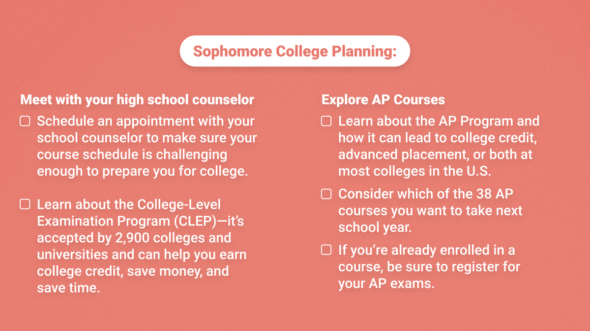 CollegeBoard's tweet photo. Sophomores: As you settle into the school year, think about taking on new challenges to prep for college. 

Use this handy checklist to guide your college planning.
🎓 https://t.co/eVLAxFtHGW https://t.co/Ix9wkvhCgZ