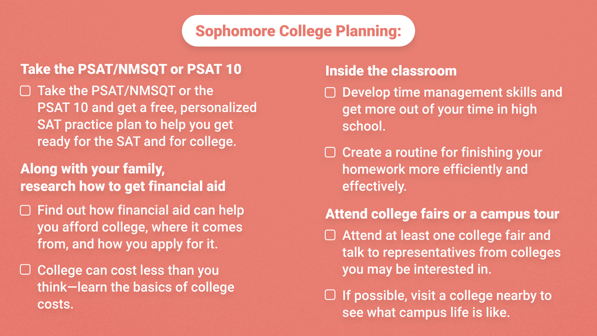 Sophomores: As you settle into the school year, think about taking on new challenges to prep for college. 

Use this handy checklist to guide your college planning.
🎓 spr.ly/6011M6SV1