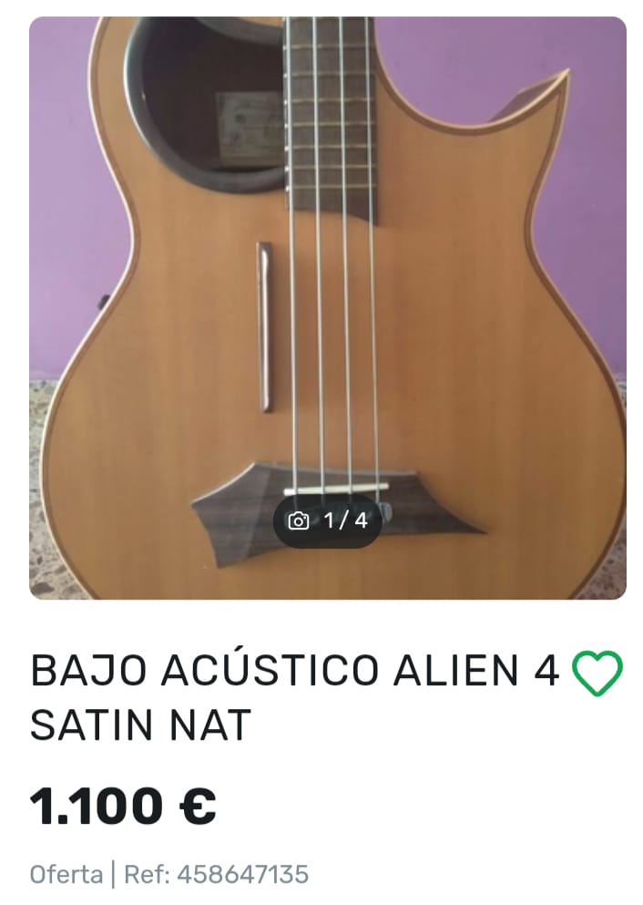 milanuncios.com/bajos/bajo-acu… BAJO ACÚSTICO ALIEN 4 SATIN NAT 1.100 € con funda original. Bajo acústico  Alien 4 akustic bass satin nat, mástil d caoba, Tapa de pícea maciza con fondo y aros de ovangkol laminado con acabado satinado natural. Sistema de pastilla/preamplificador Fishman