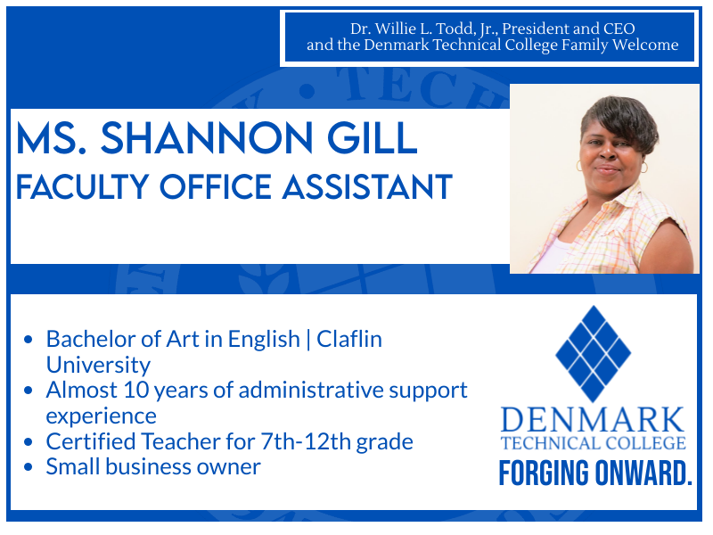 DenmarkTechSC's tweet photo. We're excited to introduce you to Shannon Gill, a new faculty office assistant on #TeamDTC.  #welcomehometodenmarktech #herewegrow https://t.co/xbo86ssVID