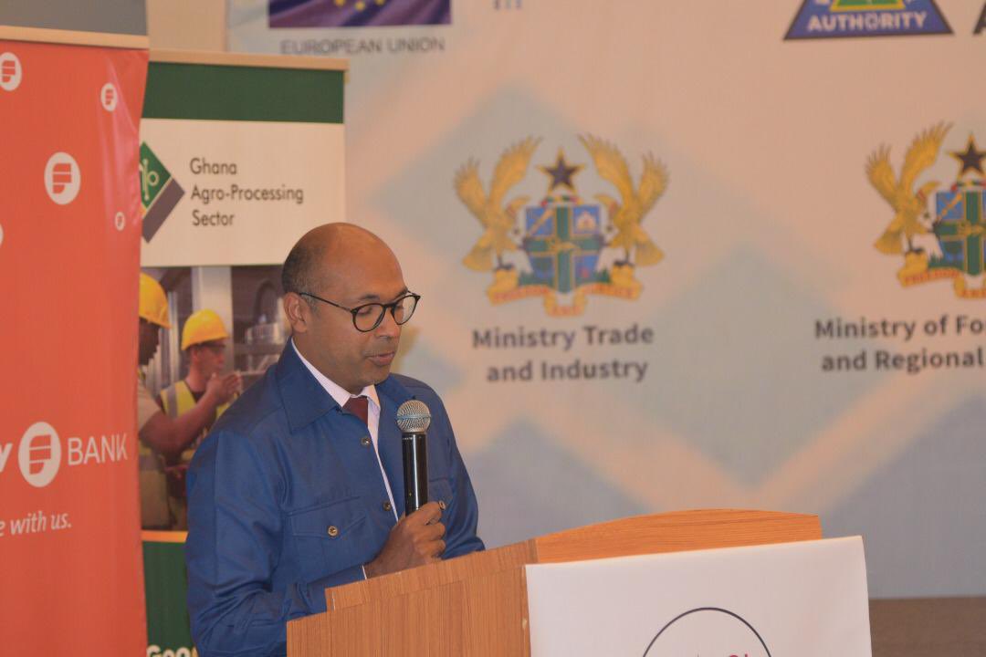 EuropeInGhana's tweet photo. On day 2 of the Ghana Industrial Summit and Exhibition, EU Ambassador to Ghana Irchad Razaaly reaffirmed EU’s shared interest and support to Ghana’s economic transformation and industrialization to achieve the vision of #GhanaBeyondAid. 

#economictransformation #industralization https://t.co/hwOhey5tNt