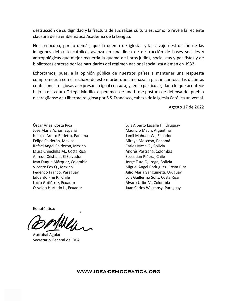 Más de 25 expresidentes de todo el mundo acaban de firmar este comunicado para exigirle al Papa Francisco que se manifieste ante lo que está ocurriendo en Nicaragua. Su silencio es ensordecedor. Vamos a seguir aumentando la presión internacional.