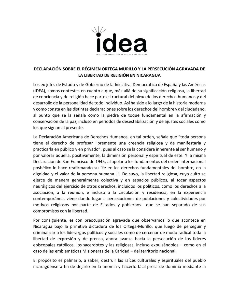 agusantonetti's tweet photo. Más de 25 expresidentes de todo el mundo acaban de firmar este comunicado para exigirle al Papa Francisco que se manifieste ante lo que está ocurriendo en Nicaragua. Su silencio es ensordecedor. Vamos a seguir aumentando la presión internacional. https://t.co/8iHWclUhVL