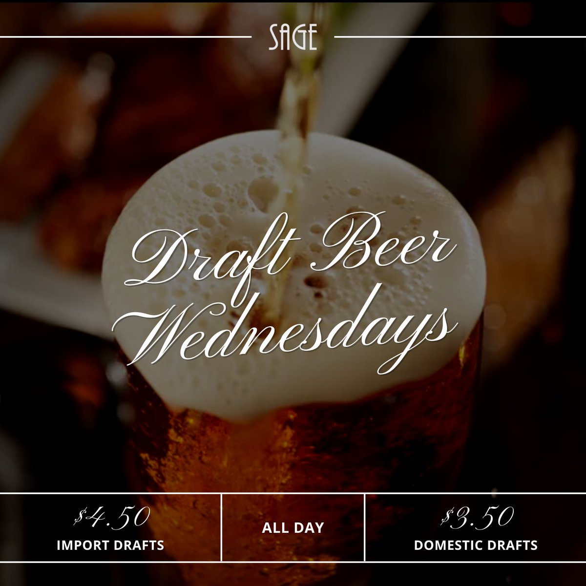SagePerimeter's tweet photo. Draft Beer Wednesday at Sage:

🍻 $3.50 domestic drafts
🍻 $4.50 import drafts

All day, every Wednesday.

#beerlover #atlantabeer #atlantabeerscene #beertasting #dunwoodyga #perimetermall #atlantaeats #sagewoodfiretavern #atlantaga #finedining #happyhour #happyhouratlanta https://t.co/2y30ZAi5In