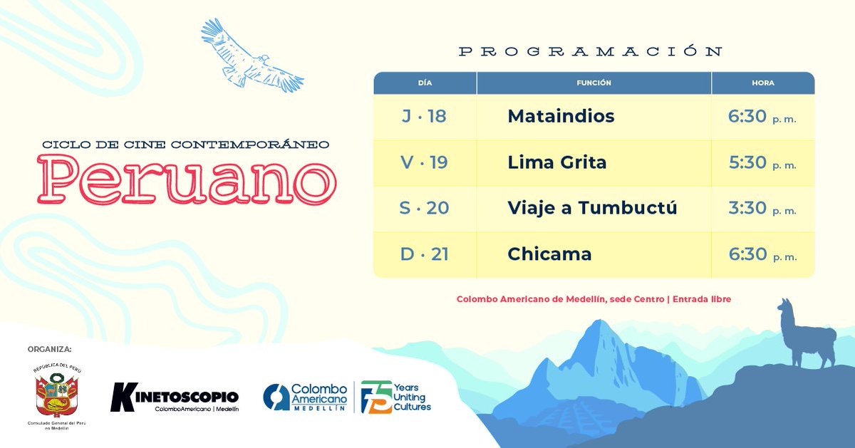 ericutela's tweet photo. Los esperamos en el Ciclo de cine Contemporáneo Peruano del 18 a 21 de agosto, entrada libre, inauguración el 18 con #Mataindios, un conversatorio sobre el documental #LimaGrita y coctel a las 6.30. Invita el #ConsuladoGeneraldelPerúenMedellín y el #ColomboAmericanoMedellín https://t.co/2orfJL5JZF