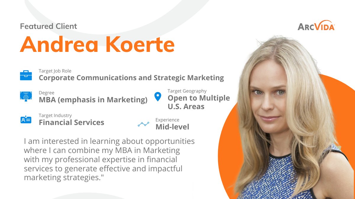 Meet Andrea Koerte! Andrea is seeking a role in #financialservices. She earned an #MBA from #USC and has over 10 years of experience working in #wealthmanagement and #banking. Andrea is seeking a role in corporate communications and strategic marketing.