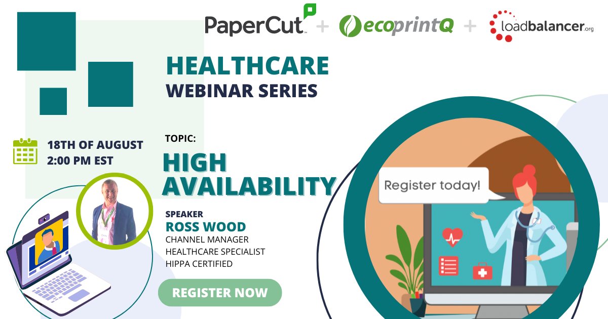 ecoprintQ's tweet photo. Don't forget to attend our next session for the healthcare webinar series, Tomorrow 18th of August at 2:00 PM EDT. during this session will discuss High Availability, plus a guest speaker. Click here for the registration! https://t.co/hajCMFgksL
#ecoprintQ #PaperCut https://t.co/aXUPaN51o8